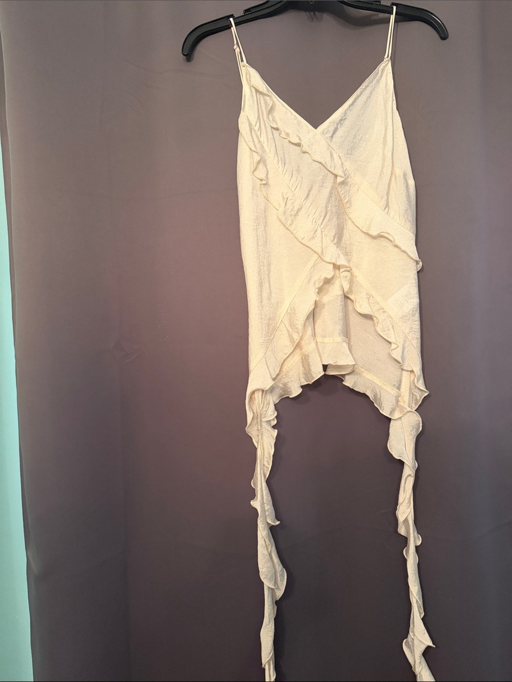 Abbeline Cream Asymmetrical Ruffle Wrap Cami Shirt with Long Ties